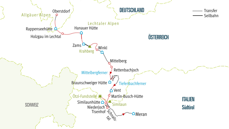 Alpenüberquerung von Oberstdorf nach Meran mit Similaun Karte