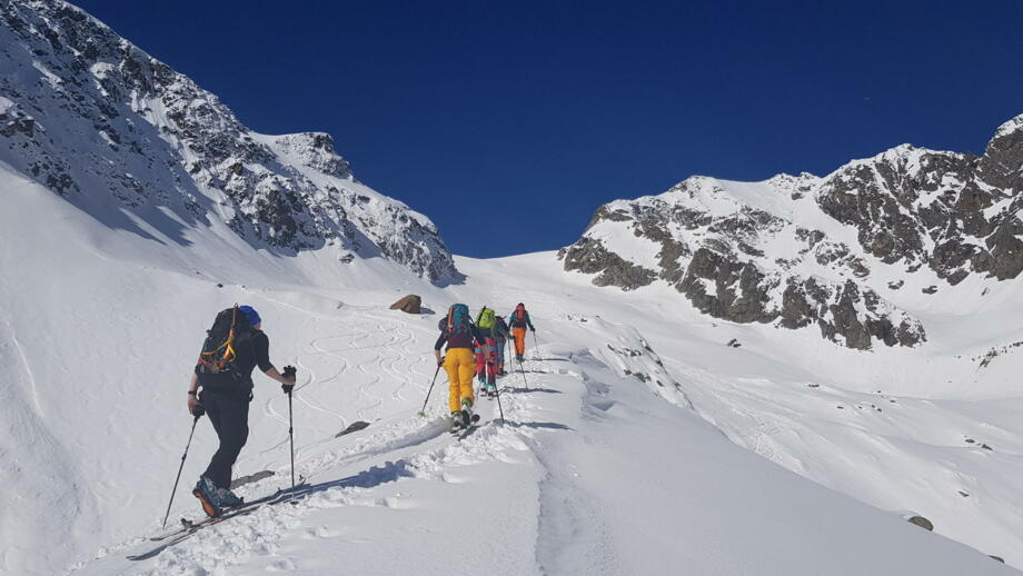 Gemeinsamer Aufstieg zum Gipfel während der Skitourenwoche im Stubai